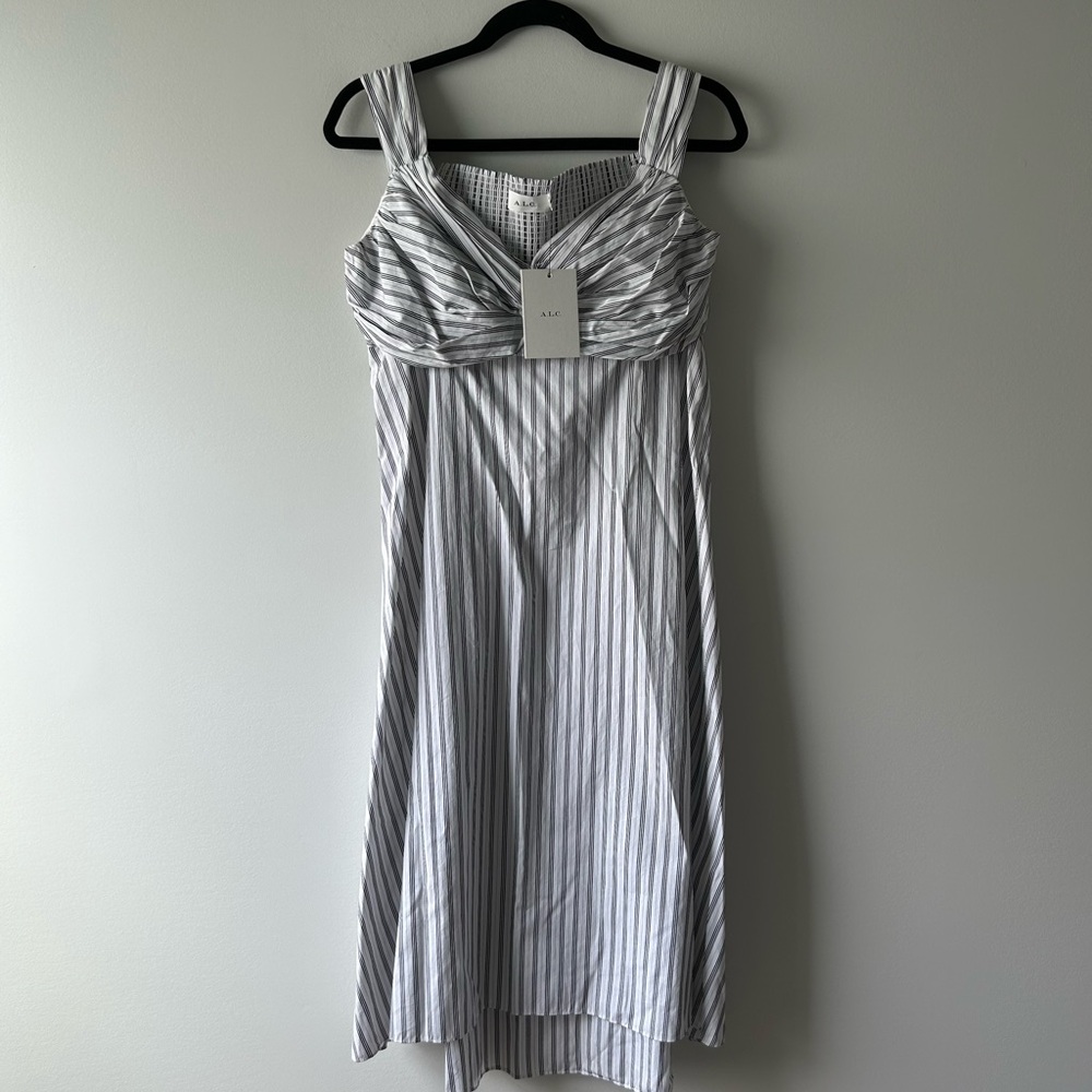 A.L.C. Striped Sleeveless Midi Dress in White and Gray